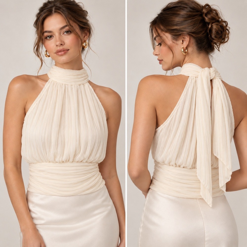 Zara Halter Top Pleated Cream Tie Back Sleeveless Elegant Chic Small